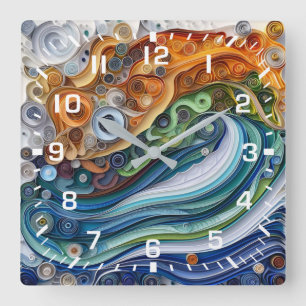 Expressive Quilled Ocean Wave Sunset Square Wall Clock