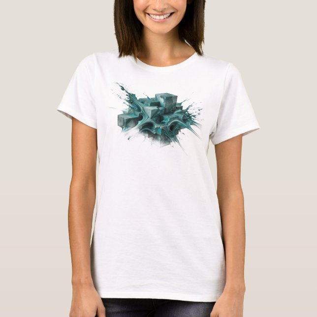 Expressive Teal Abstract Cubes Designer Graphic T-Shirt (Front)