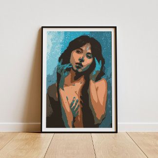 Expressive Woman in Blue Tones Painting Poster