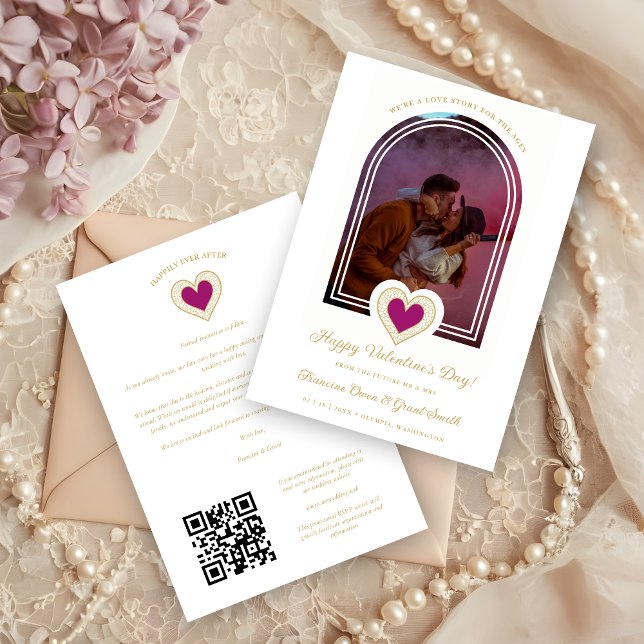 Exquisite Arch Romantic Luxury Lace Hot Pink Heart Save The Date (Exquisite Arch Effect Romantic Luxury Lace Hot Pink Heart Photo Valentine's Day Card.)