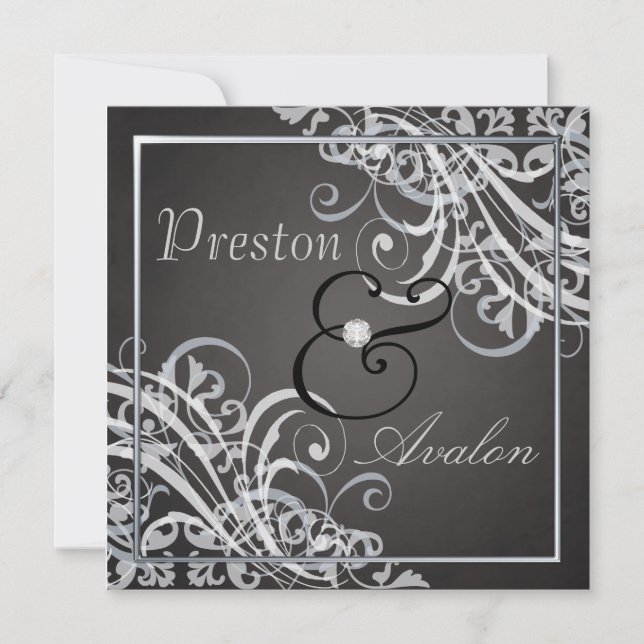 Exquisite Baroque Silver Scroll Black Invitation (Front)