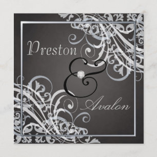Exquisite Baroque Silver Scroll Black Invitation