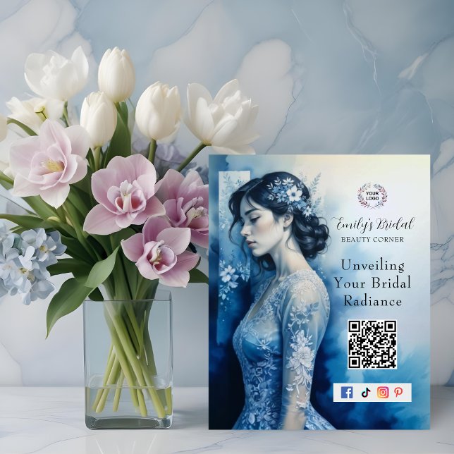 Exquisite Beautiful Bride In Blue Bridal Business Plaque (Exquisite Beautiful Bride In Blue For Bridal Business Plaque with QR Code and Network Icons.)