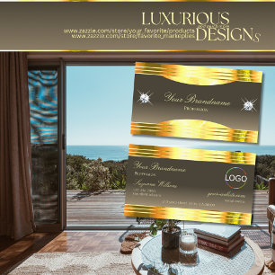 Exquisite Beige Brown Gold Borders and Logo Deluxe Business Card