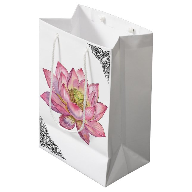 Exquisite Black and White Thai Lai Kanok Vector Medium Gift Bag (Front Angled)