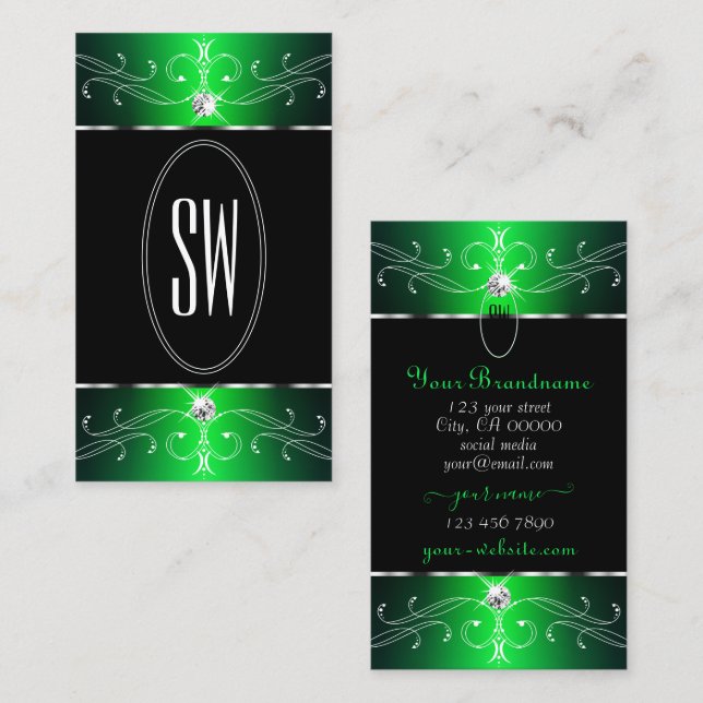 Exquisite Black Green Ornate Ornaments Initials Business Card (Front/Back)