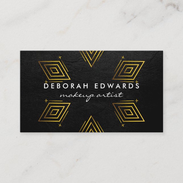 Exquisite Black Leather | Gold Geometric Patterns Business Card (Front)