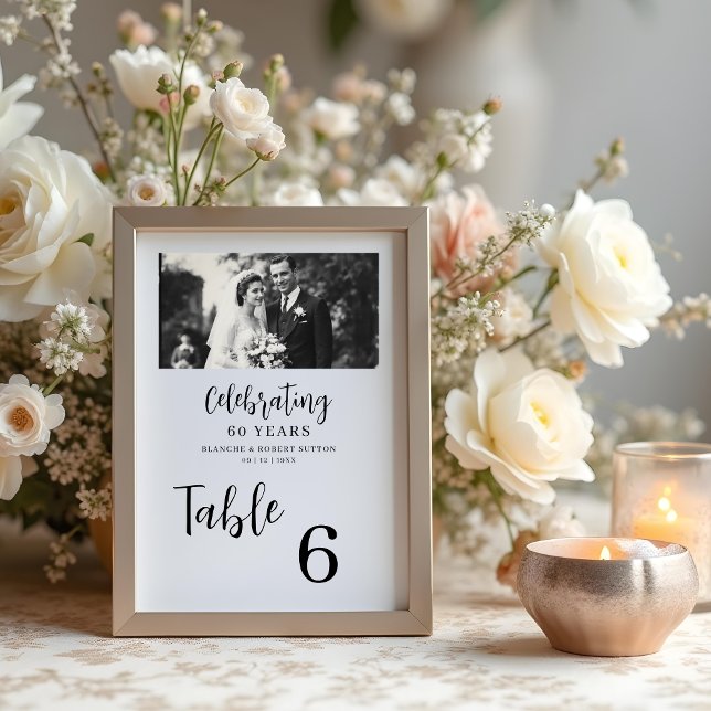 Exquisite Black White Elegant Wedding Anniversarie Table Number (Exquisite Black & White Elegant Wedding Anniversarie 2 Photos Table Numbers Cards.)