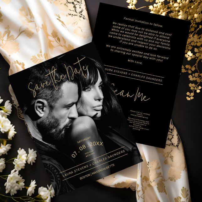 Exquisite Black & White Golden Script Wedding Save The Date (Exquisite Black & White Golden Script Wedding Save the Date Card.)