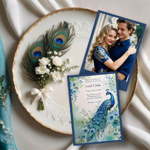 Exquisite Blue & Green Peacock Watercolor Photo  Invitation