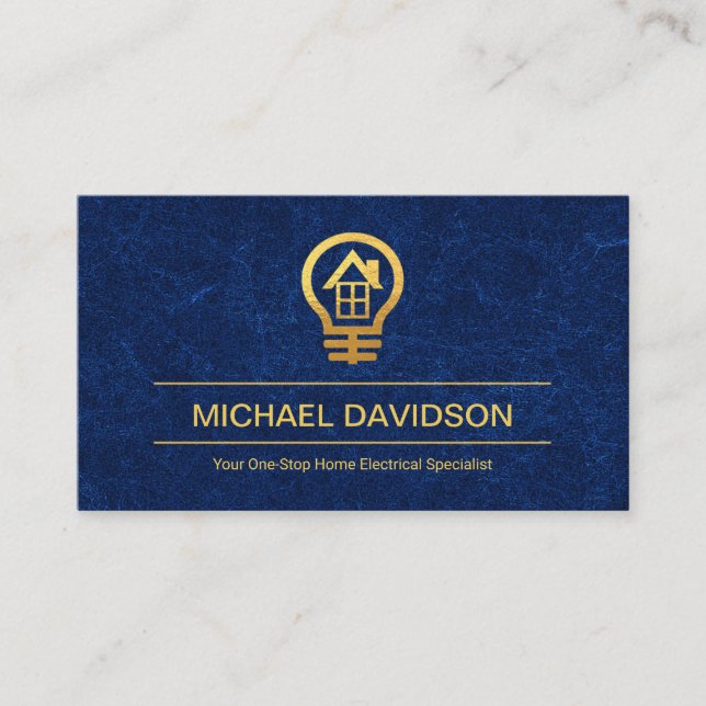 Exquisite Blue Light Grunge Gold Electric Bulb Business Card (Front)
