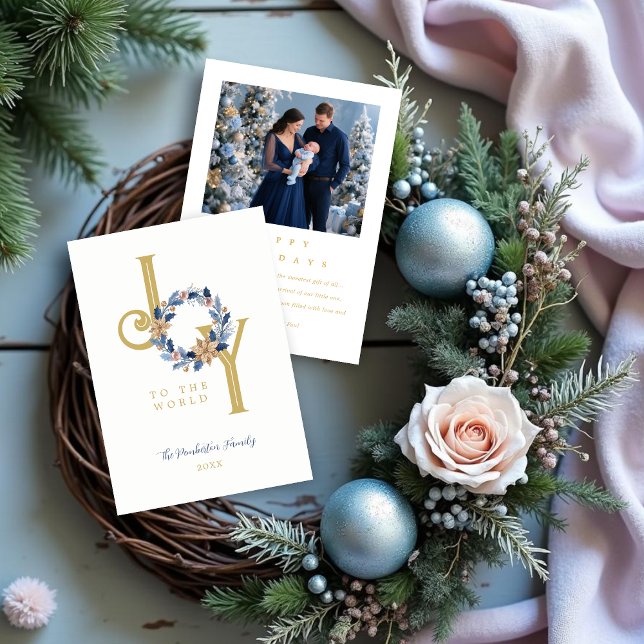 Exquisite Blue Tones & Faux Gold Christmas Wreath Holiday Card (Exquisite Blue Tones and Faux Gold Christmas Wreath Holiday Cards with Back Photo.)