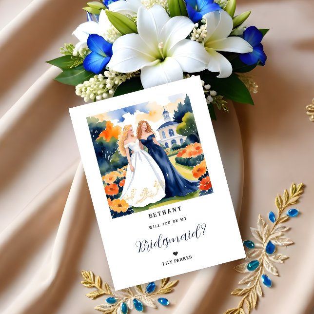Exquisite Blue Two Caucasian Girls Bridesmaid  (Exquisite Blue Two Caucasian Girls Illustration Watercolor Effect Bridesmaid Proposal Card. )