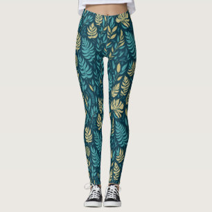 Exquisite Boho Teal Leaves Rich Greenery Pattern Leggings
