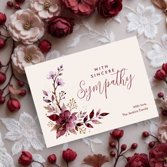Exquisite Burgundy Branches & Flowers Sympathy  (Exquisite Burgundy Botanical Branches and Flowers Sympathy Card Design. )