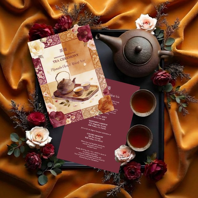 Exquisite Burgundy Oriental Tea Ceremony Wedding Invitation (Exquisite Burgundy Traditional Floral Chinese Tea Ceremony and Wedding Invitation Design.)