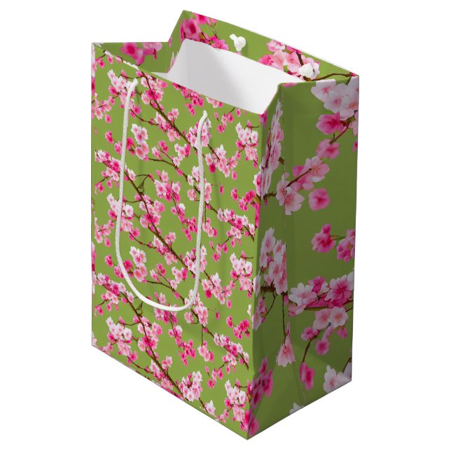  Exquisite Cherry Blossoms Florals on Chartreuse Medium Gift Bag (Front Angled)