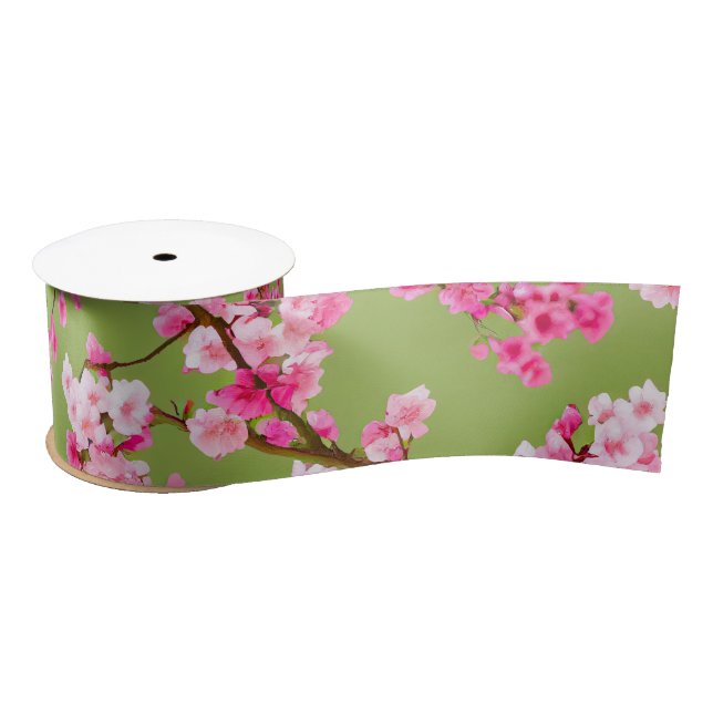  Exquisite Cherry Blossoms Florals on Chartreuse  Satin Ribbon (Spool)