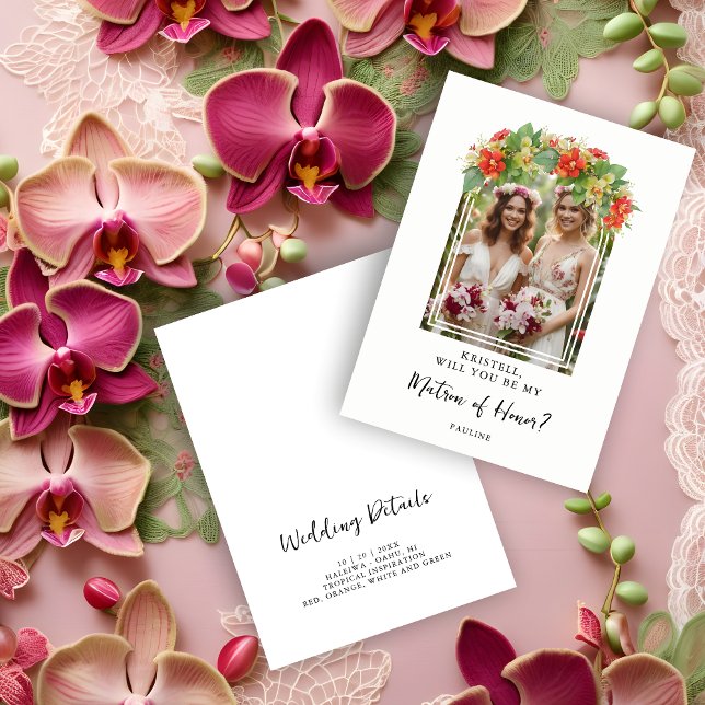 Exquisite Chic Botanical Arch Photo Matron Honor (Exquisite Chic Botanical Exotic Flowers Arch Frame Photo Wedding Matron of Honor Proposal Card.)