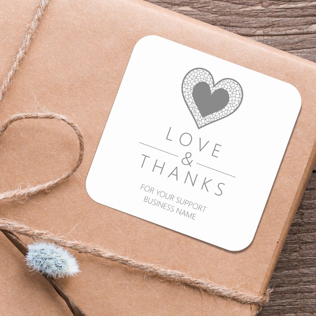Exquisite Chic Grey Minimalist Heart Lace Effect  Square Sticker (Exquisite Chic Grey Minimalist Heart Lace Effect Love & Thanks Supporting Small Business.)