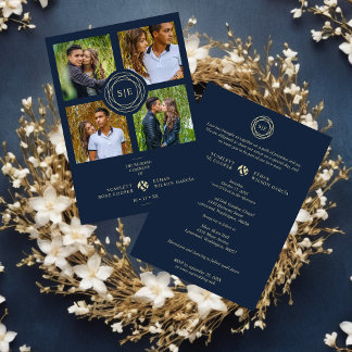Exquisite Chic Navy Blue & Gold Initials 4 Photos Invitation