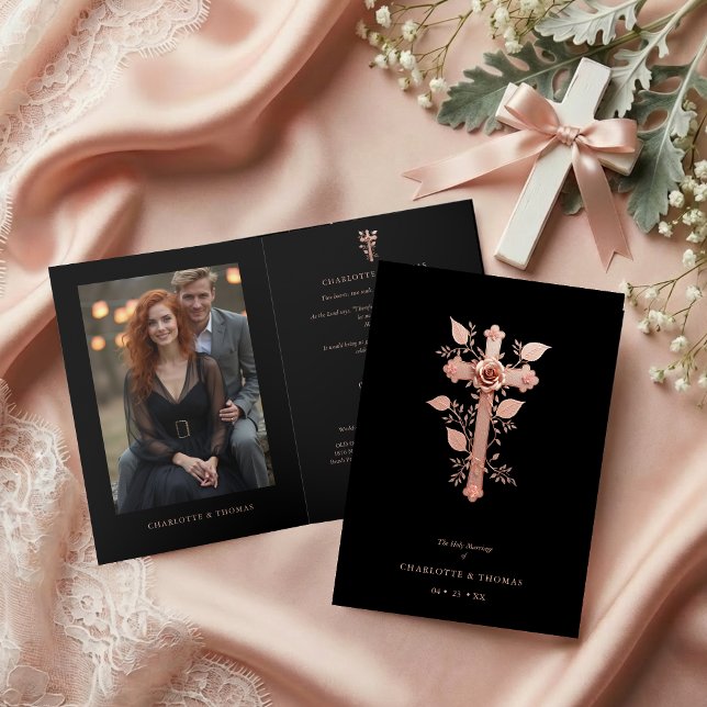 Exquisite Christian Rose Gold Cross Holy Marriage  Invitation (Exquisite Christian Rose Gold Effect Cross Holy Marriage Folder Invitation Cards with Photo. )