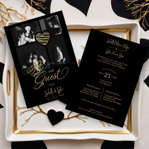 Exquisite Collage 4 Photos Golden Stylish Heart Invitation