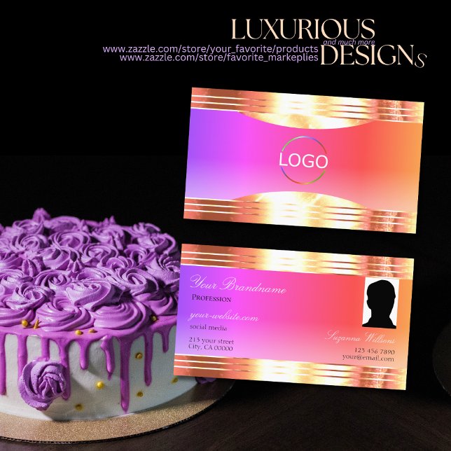  Exquisite Colourful Rose Gold Borders Logo Photo Business Card (Creator Uploaded)