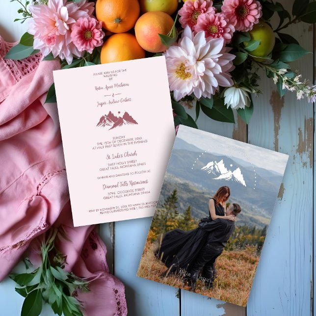Exquisite Cool Rustic Mountains Photo in Rose Gold (Exquisite Cool Rustic Mountains Photo in Rose Gold Wedding Metallic Foil Invitation with Envelope. )