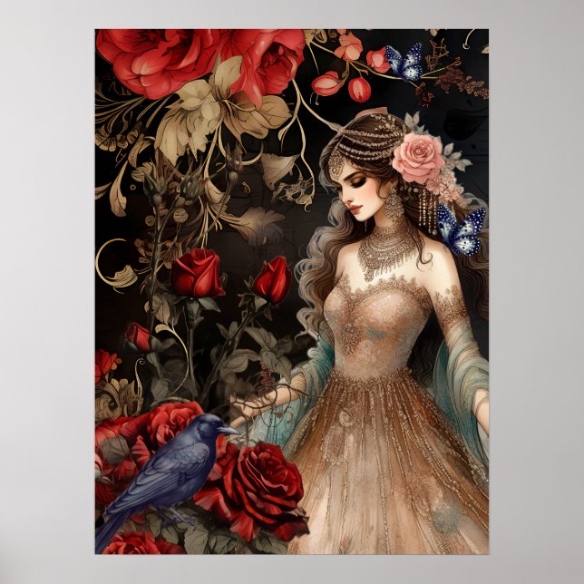 Exquisite Dark Beauty Red Roses & Raven Poster (Front)