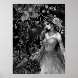 Exquisite Dark Monochromatic Beauty Roses & Raven Poster