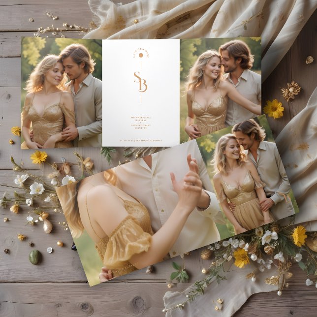 Exquisite Elegant Minimalist Gold Wedding Initials Tri-Fold Invitation (Exquisite Elegant Minimalist Gold Effect Wedding Initials 4 Photos Save the Date Tri-Fold Card.)