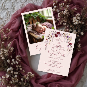 Exquisite Floral Burgundy Shades Arch Baby Baptism Invitation