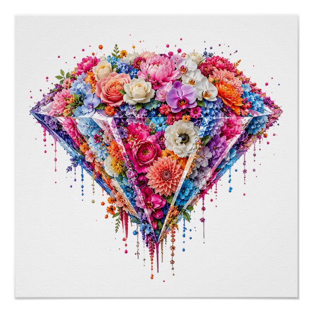Exquisite Floral Diamond Design with Dripping Art Poster (Front)