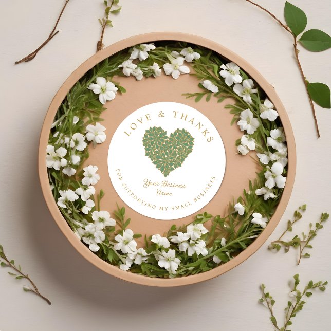 Exquisite Floral Gorgeous Green and Gold Effect Classic Round Sticker (Exquisite Round Stickers with Floral Design in Green and Gold Effect with the Phrase Love & Thanks.)