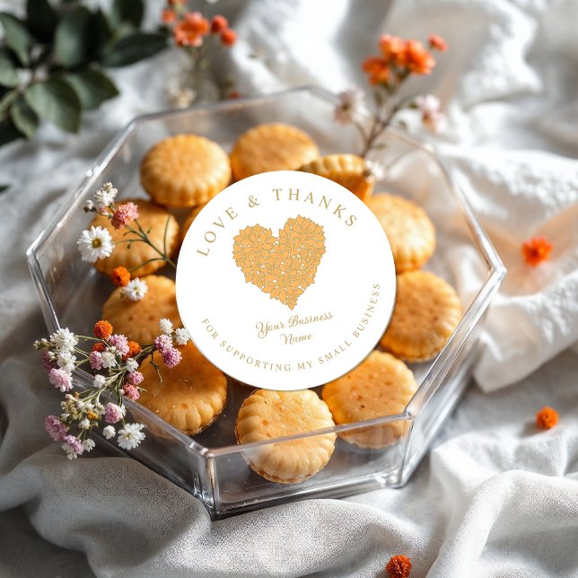 Exquisite Floral Gorgeous Orange & Gold Effect Classic Round Sticker (Exquisite Round Stickers with Floral Design in Orange & Gold Effect with the Phrase Love & Thanks.)