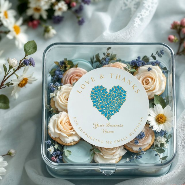 Exquisite Floral Gorgeous Turquoise & Gold Effect Classic Round Sticker (Exquisite Round Stickers with Floral Design in Turquoise Blue & Gold Effect.)