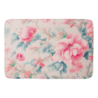 Exquisite Gentle Pink Flowers and Cerulean Leaves Bath Mat