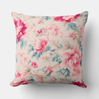 Exquisite Gentle Pink Flowers and Cerulean Leaves Cushion