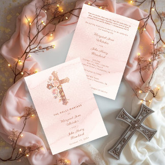 Exquisite Glitter Pink Floral Christian Cross Invitation
