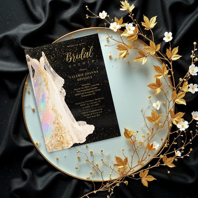 Exquisite Gold Glitter Wedding Dress Bridal Shower Invitation (Exquisite Gold Glitter Wedding Dress Bridal Shower Invitations Cards Design. )