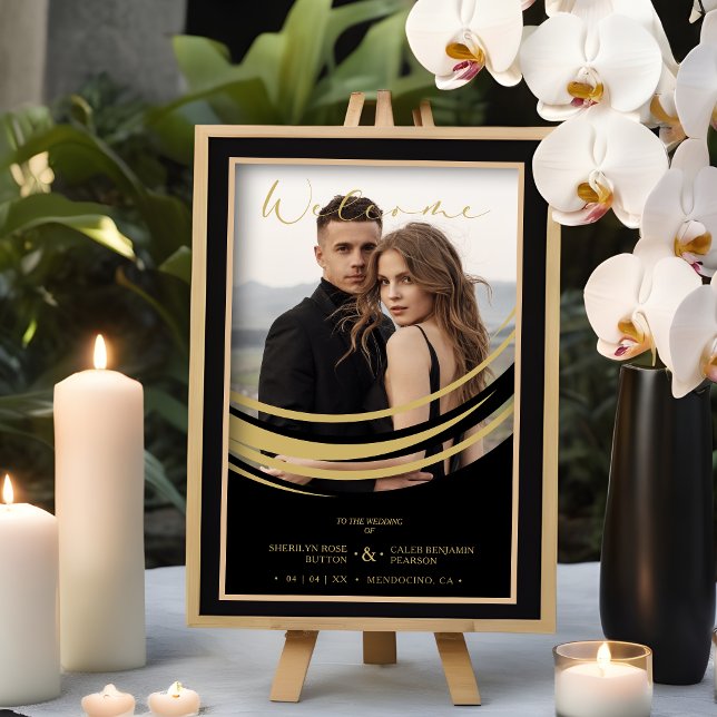 Exquisite Golden Abstract Geometric Shape Photo Poster (Exquisite Faux Golden Abstract Geometric Shape Photo Wedding Welcome Guests Poster.)