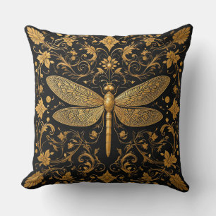 Exquisite Golden Dragonfly with Floral Art Cushion
