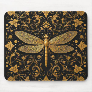 Exquisite Golden Dragonfly with Floral Art Mouse Pad
