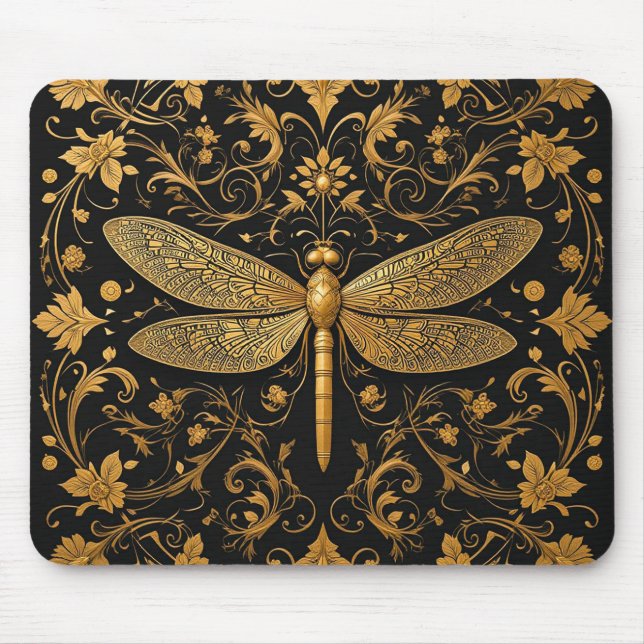 Exquisite Golden Dragonfly with Floral Art Mouse Pad (Front)