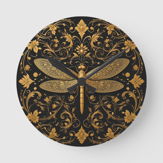 Exquisite Golden Dragonfly with Floral Art Round Clock (Front)