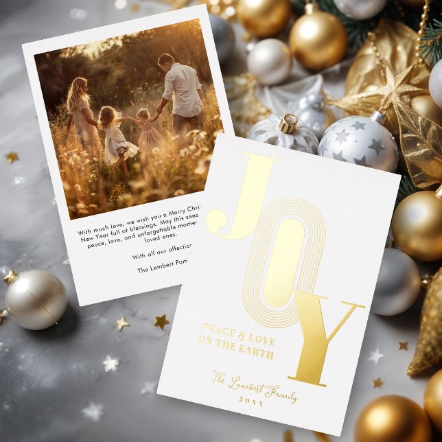 Exquisite Golden Modern JOY Metallic Christmas (Exquisite Golden Modern JOY Metallic Foil Christmas Holiday Cards with Family Photo on Back.)