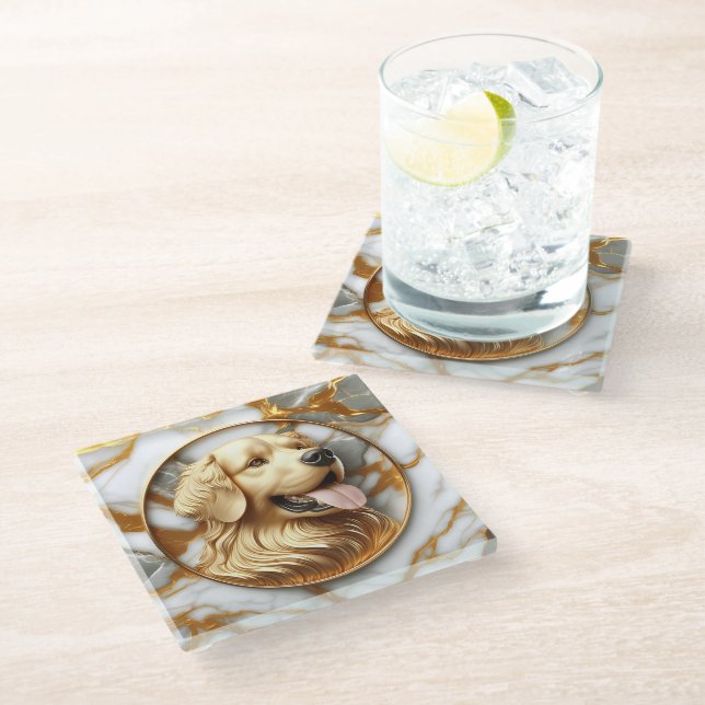 Exquisite Golden Retriever Marble Art Glass Coaster (Angled)