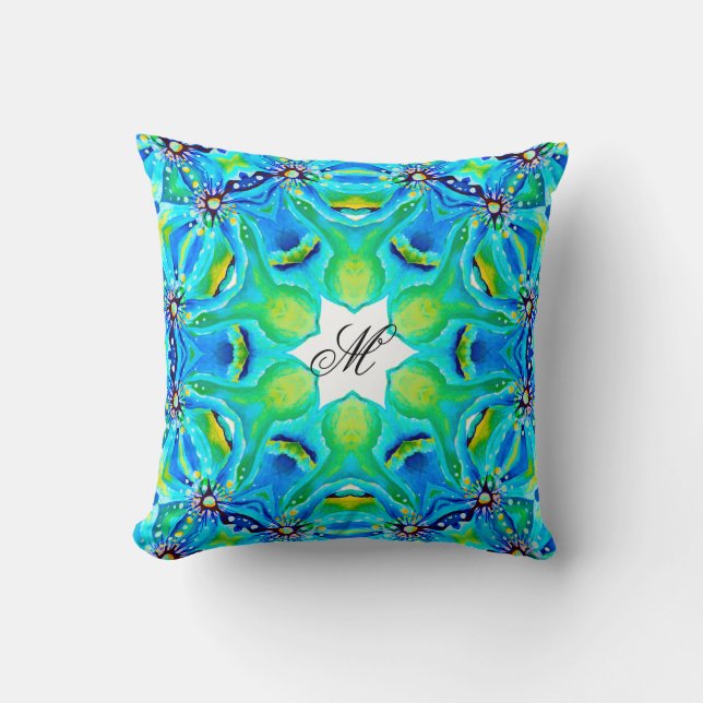 Exquisite Handpainted Geometrical Green Abstract Cushion (Front)