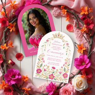 Exquisite Hot Pink Spanish Quinces Floral Border Invitation